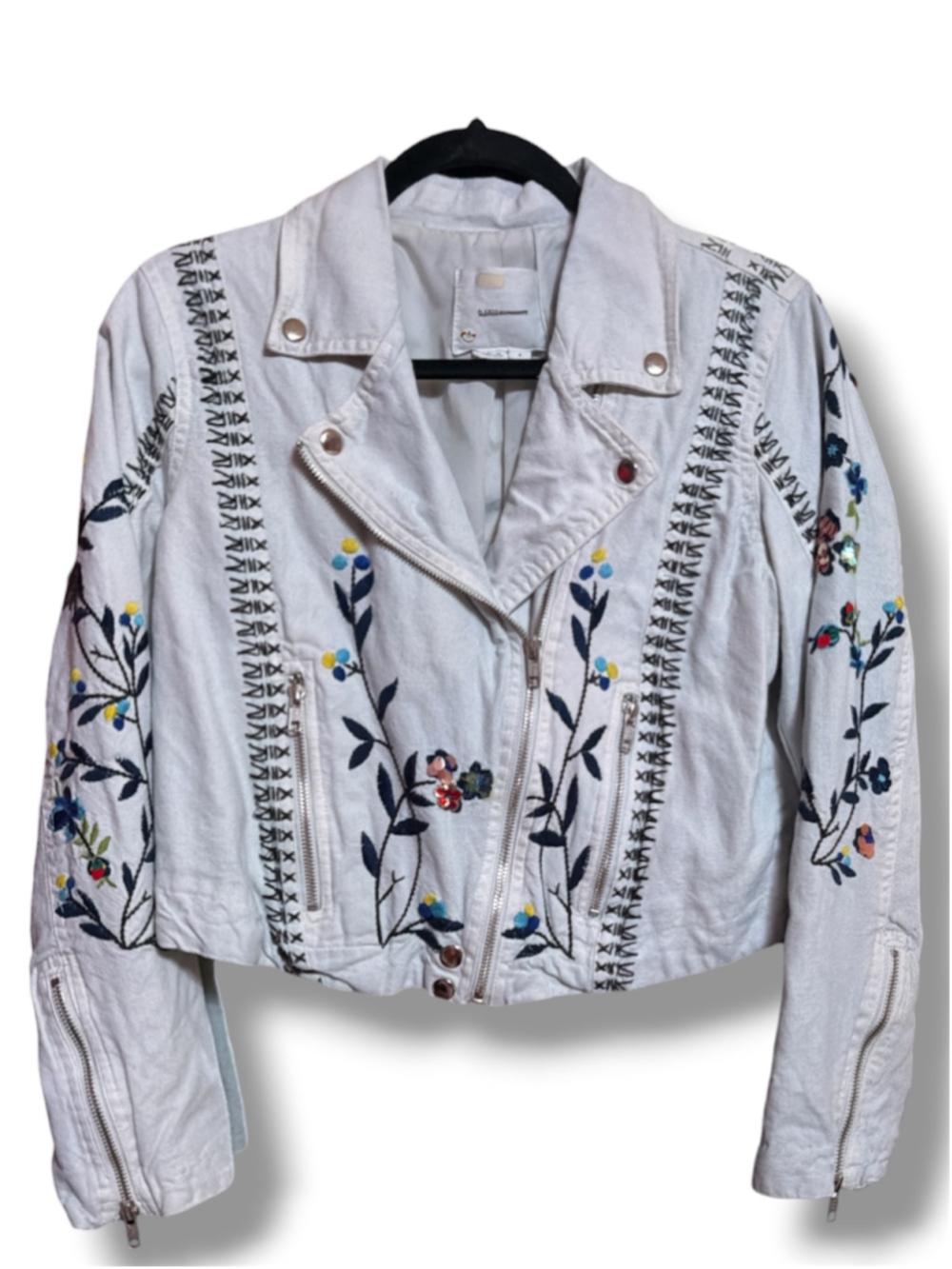 Anthropologie Embroidered Moto Jacket Blue Size S
